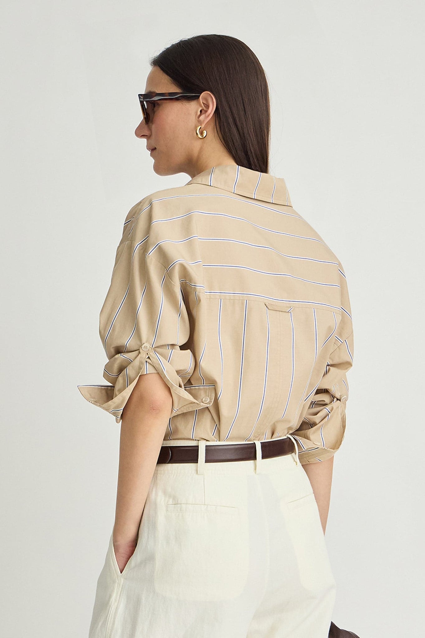 Isolde Button Down in Sable Sand & Blue Stripe