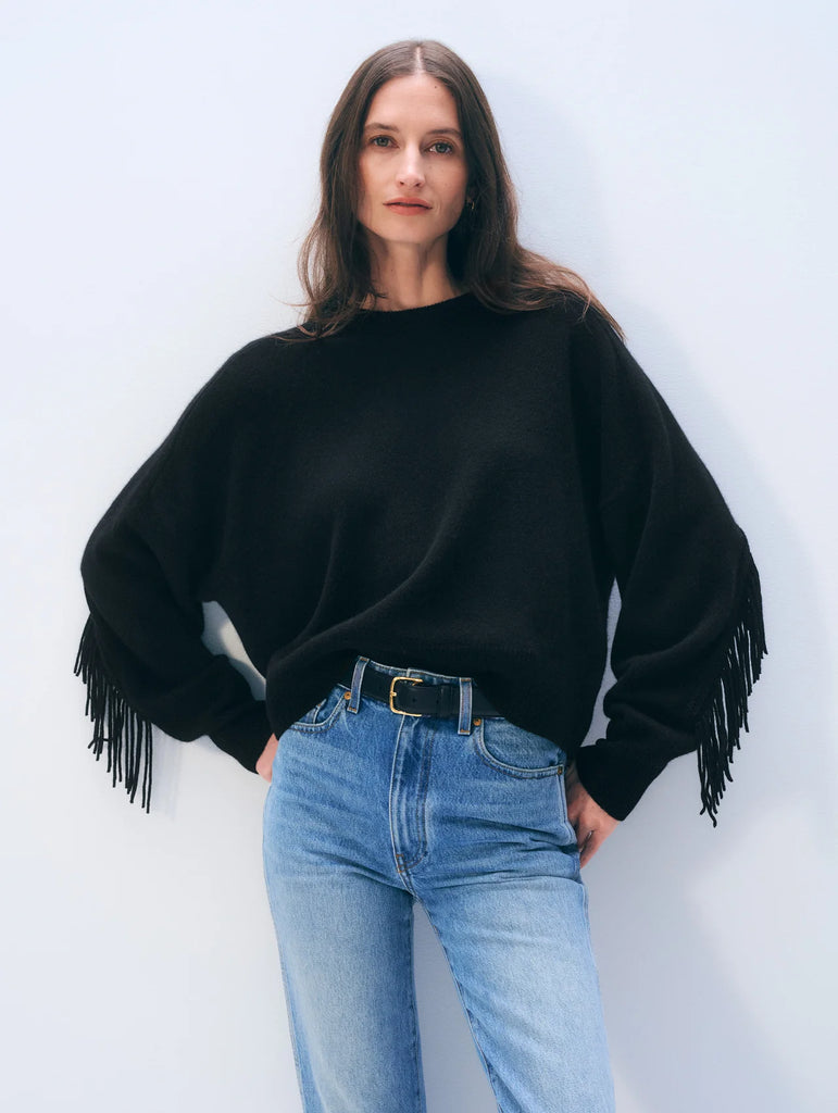 PREORDER | Cashmere Blend Luxe Fringe Crewneck in Black