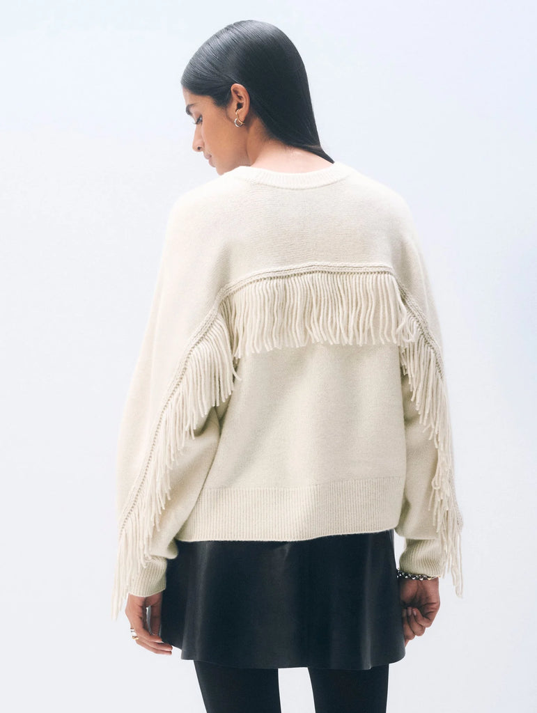 PREORDER | Cashmere Blend Luxe Fringe Crewneck in Ivory
