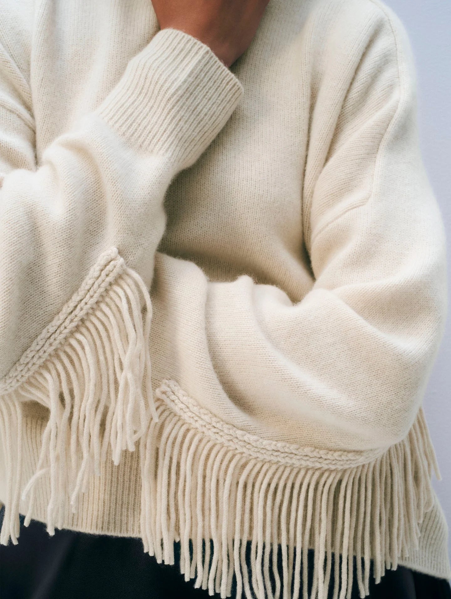 Cashmere Blend Luxe Fringe Crewneck in Ivory