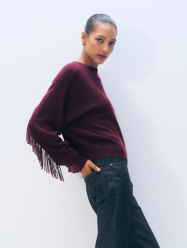 PREORDER | Cashmere Blend Luxe Fringe Crewneck in Oxblood