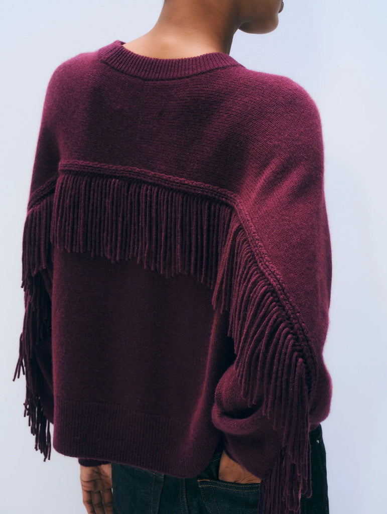 PREORDER | Cashmere Blend Luxe Fringe Crewneck in Oxblood