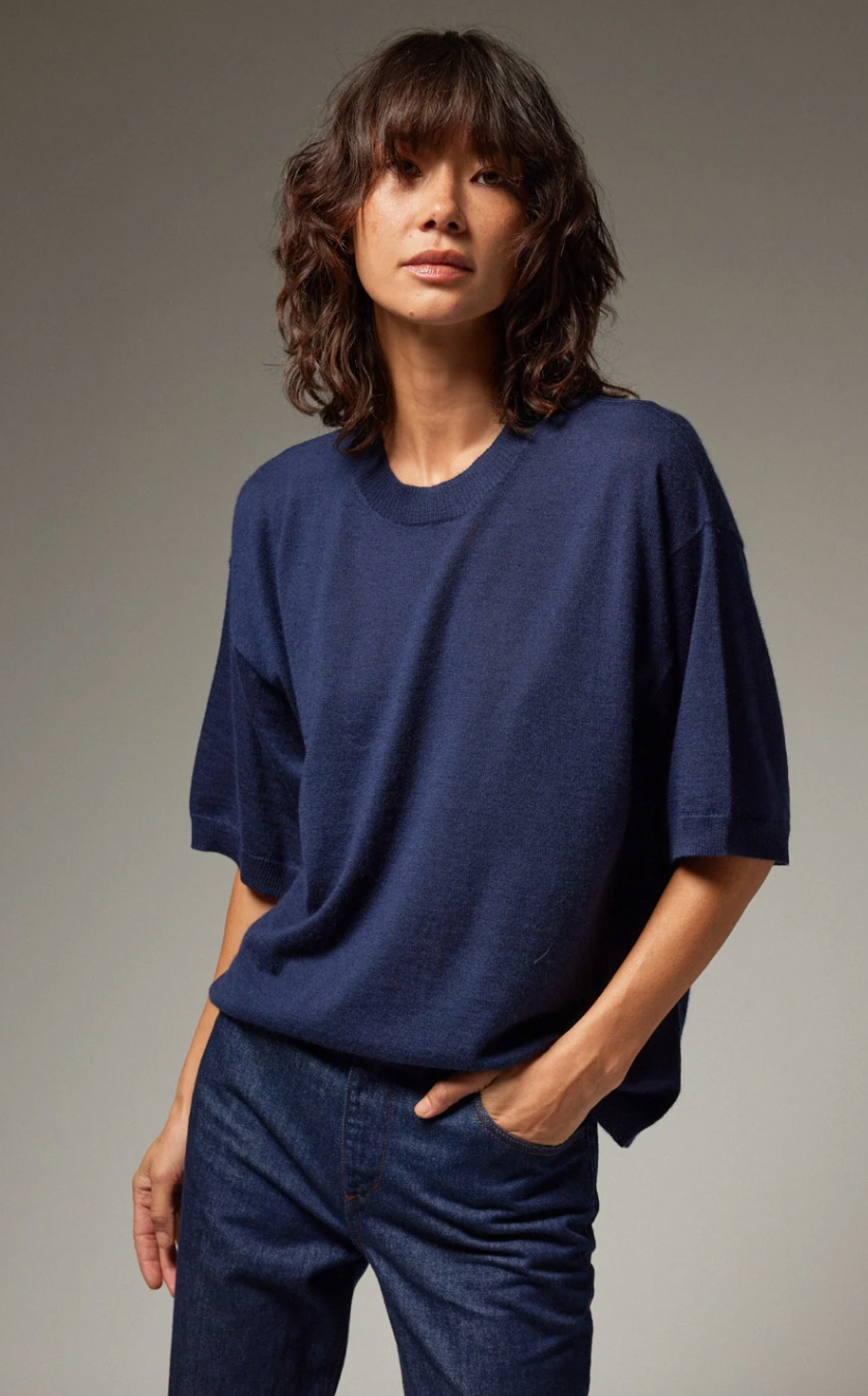 Cashmere Boxy Tee in Navy