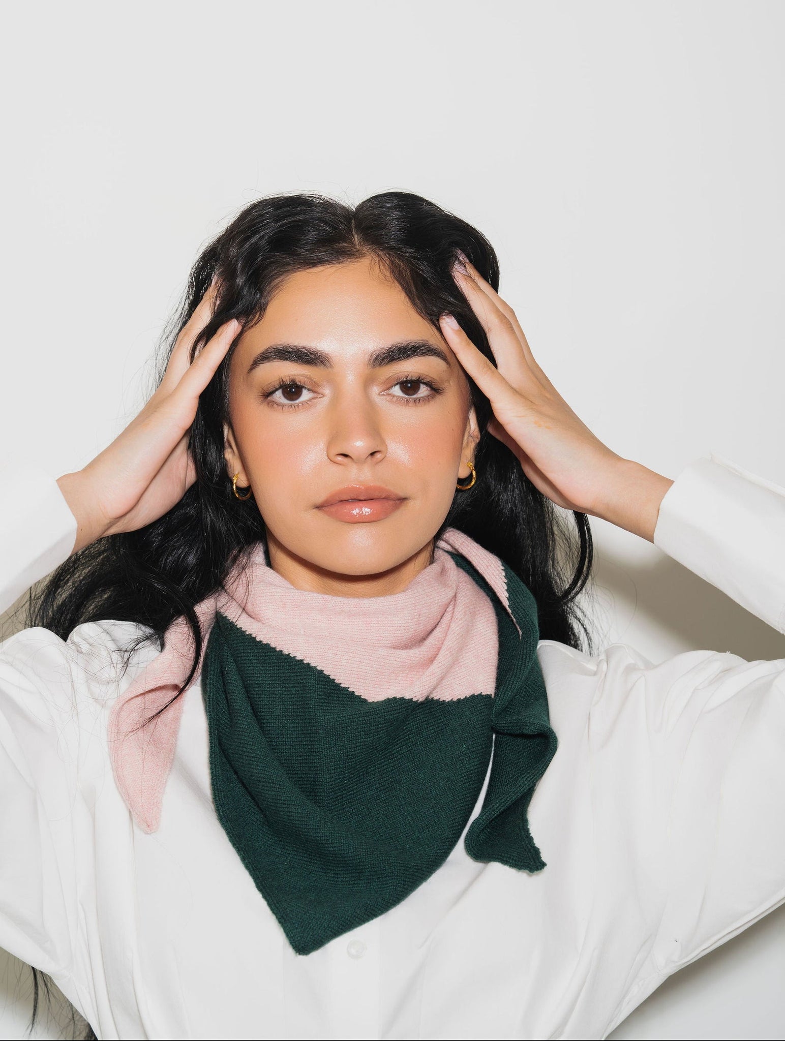 Cashmere Kerchief in Evergreen + Grapefruit