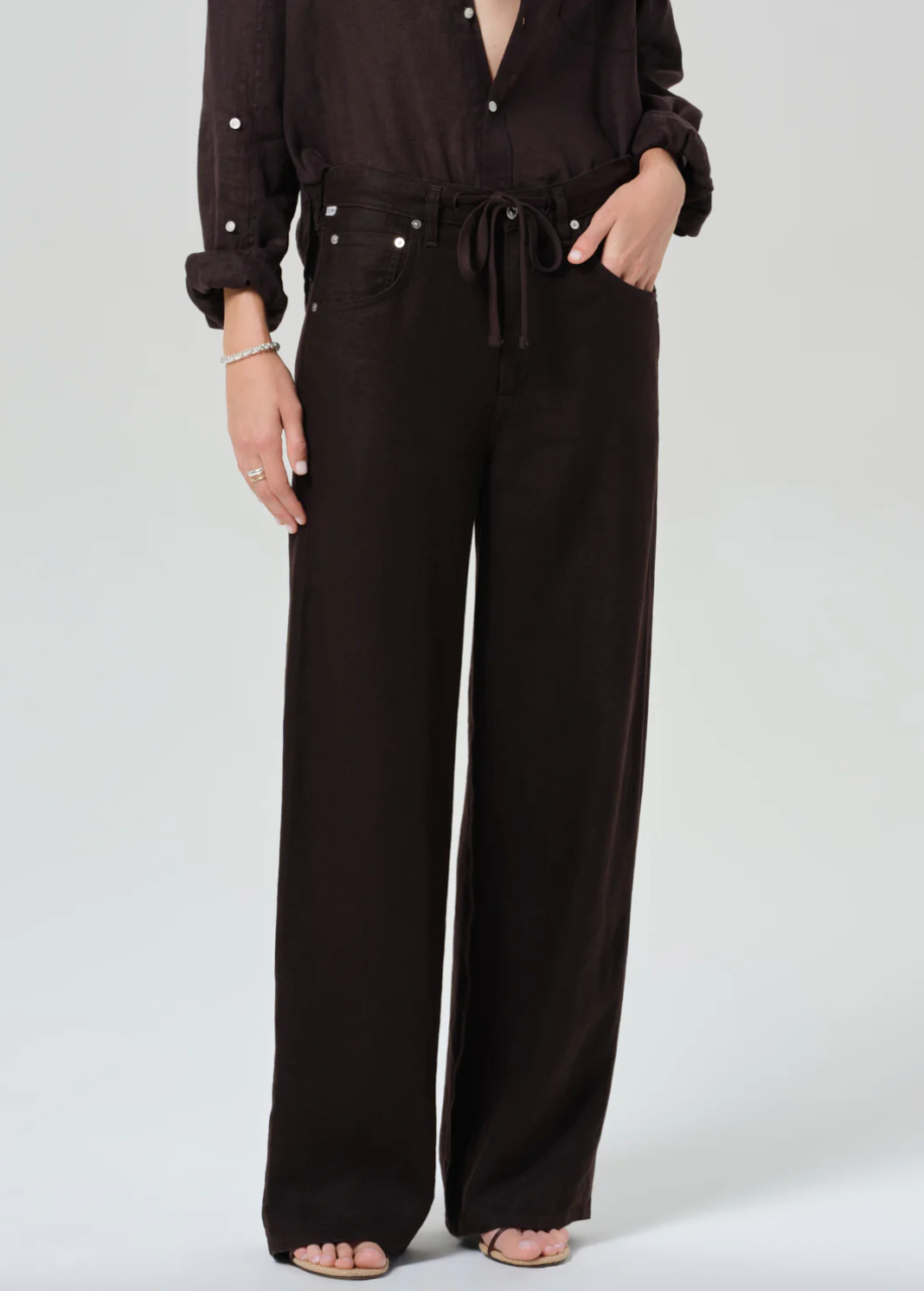 Brynn Drawstring Linen Trouser in Chocolate