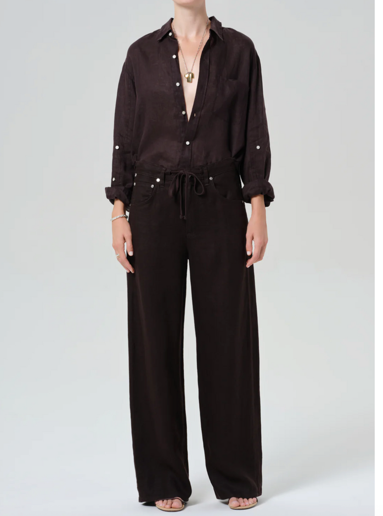 Brynn Drawstring Linen Trouser in Chocolate