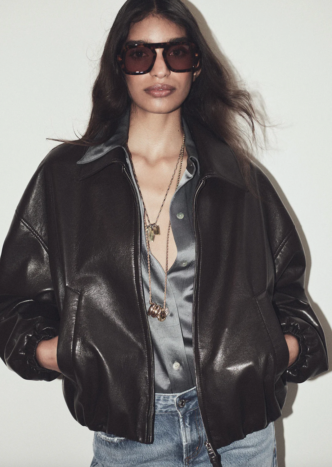 Bubble Hem Leather Bomber Jacket in Chocolate Dark Brown