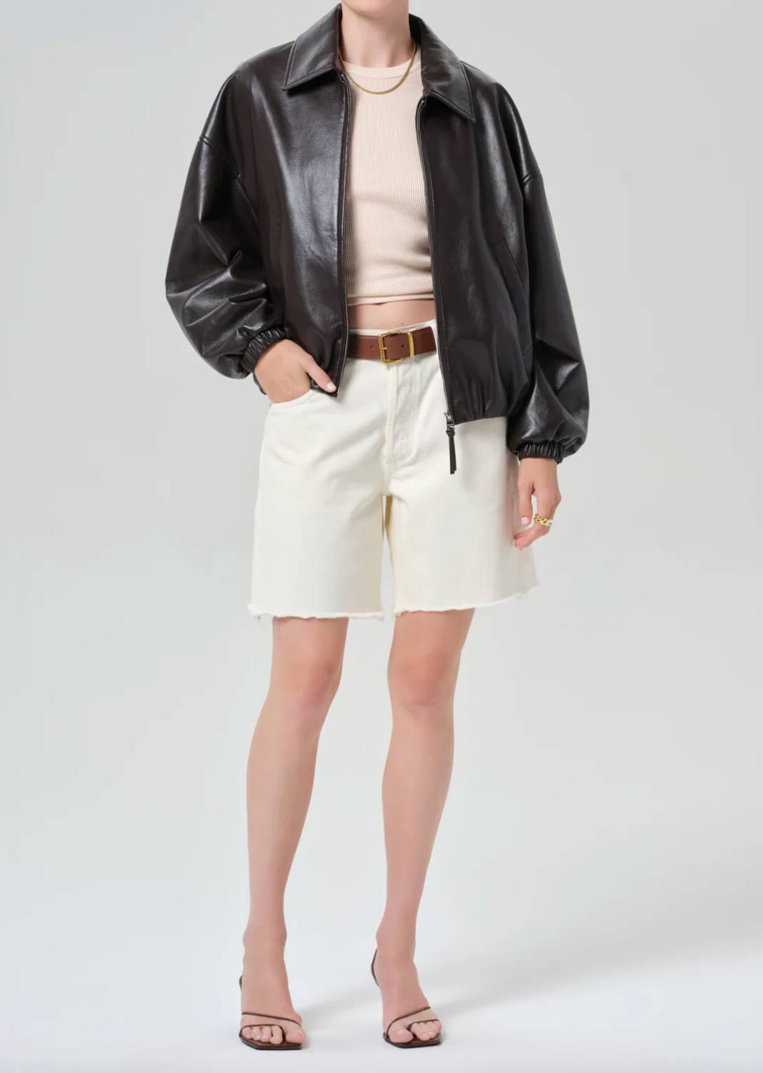 Bubble Hem Leather Bomber Jacket in Chocolate Dark Brown