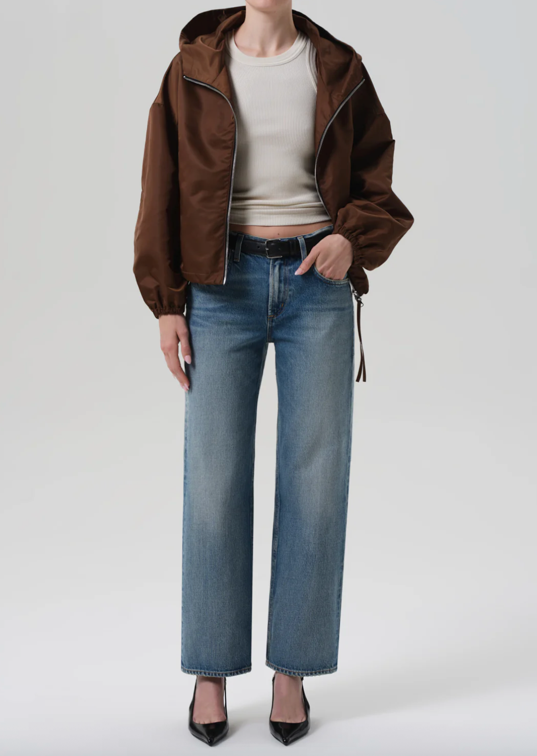Cropped Nylon Windbreaker in Brown