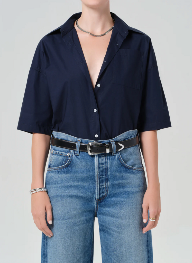 Frances Cropped Cape Button Up In Navy