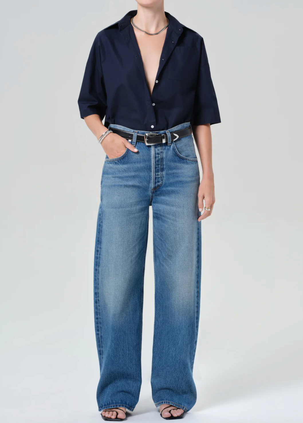 Frances Cropped Cape Button Up In Navy