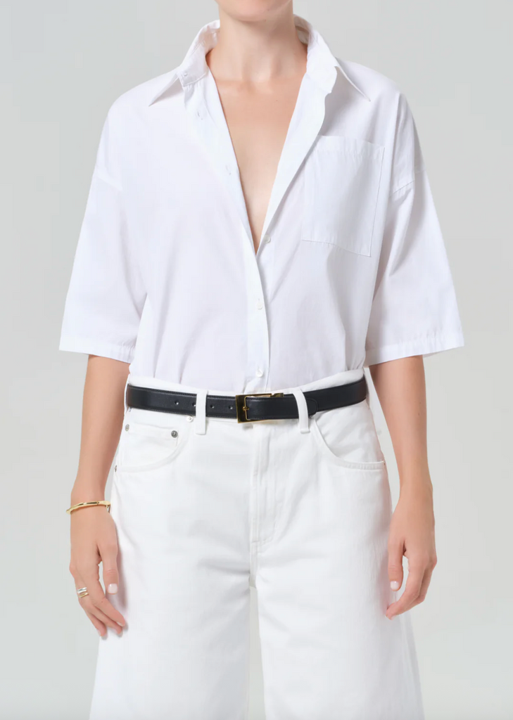 Frances Cropped Cape Button Up In Optic White