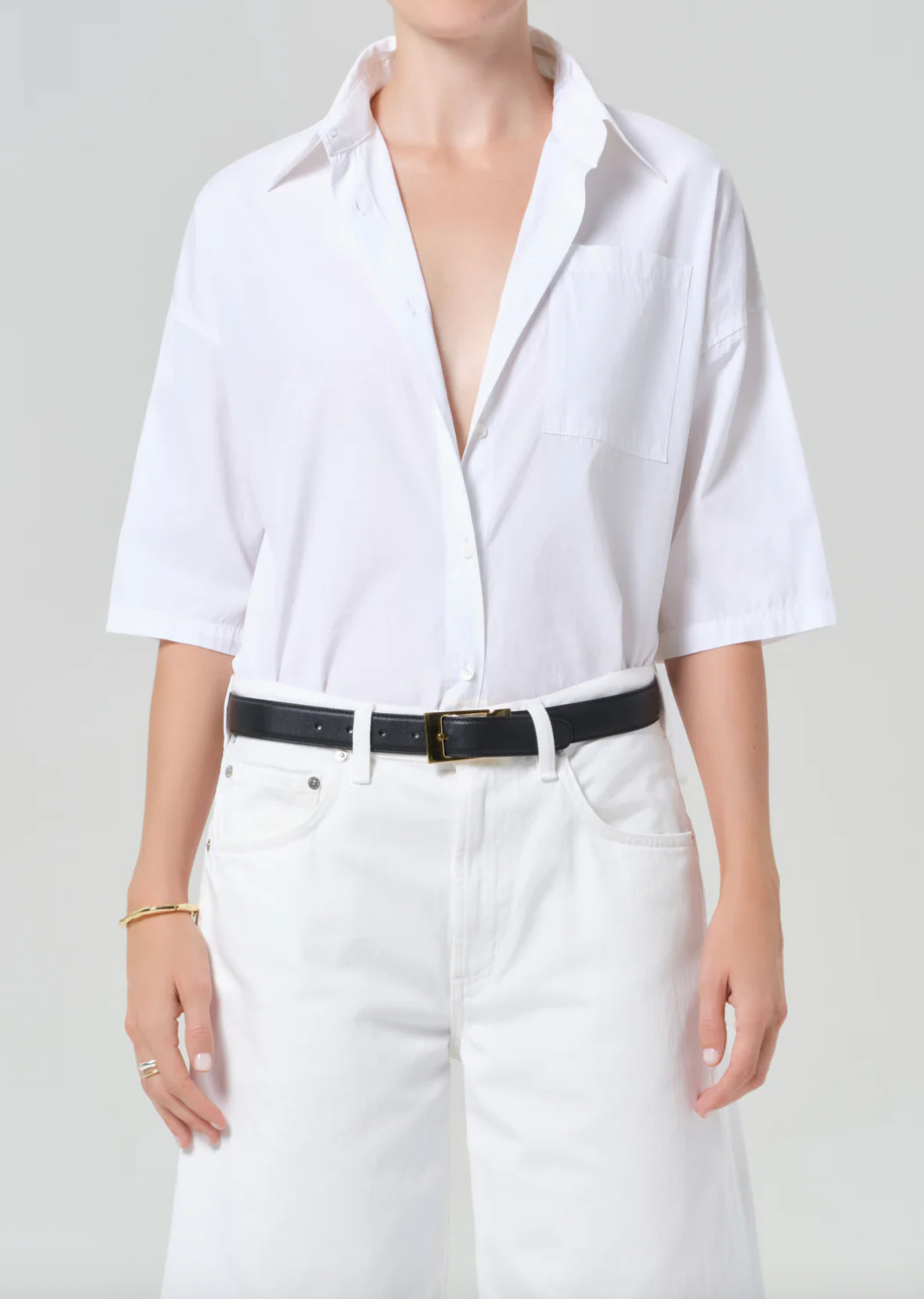 Frances Cropped Cape Button Up In Optic White