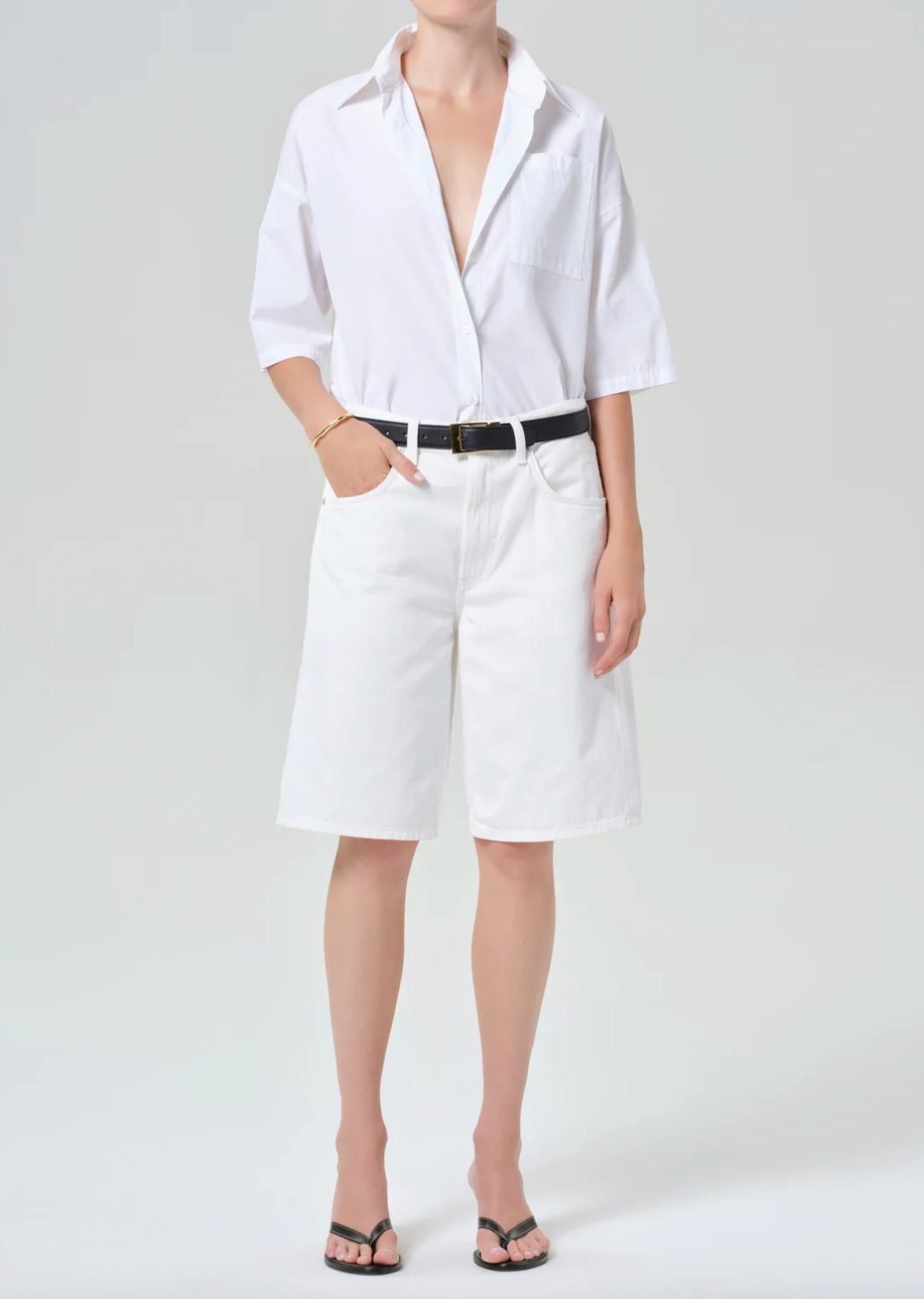 Frances Cropped Cape Button Up In Optic White