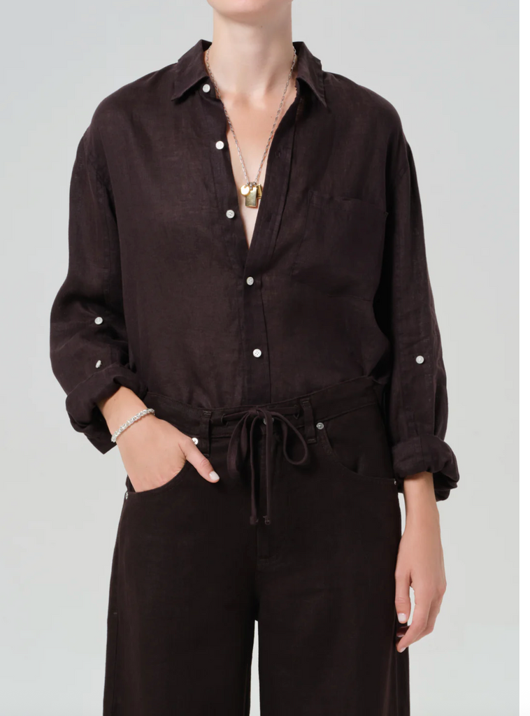 Kayla Shrunken Linen Shirt in Chocolate