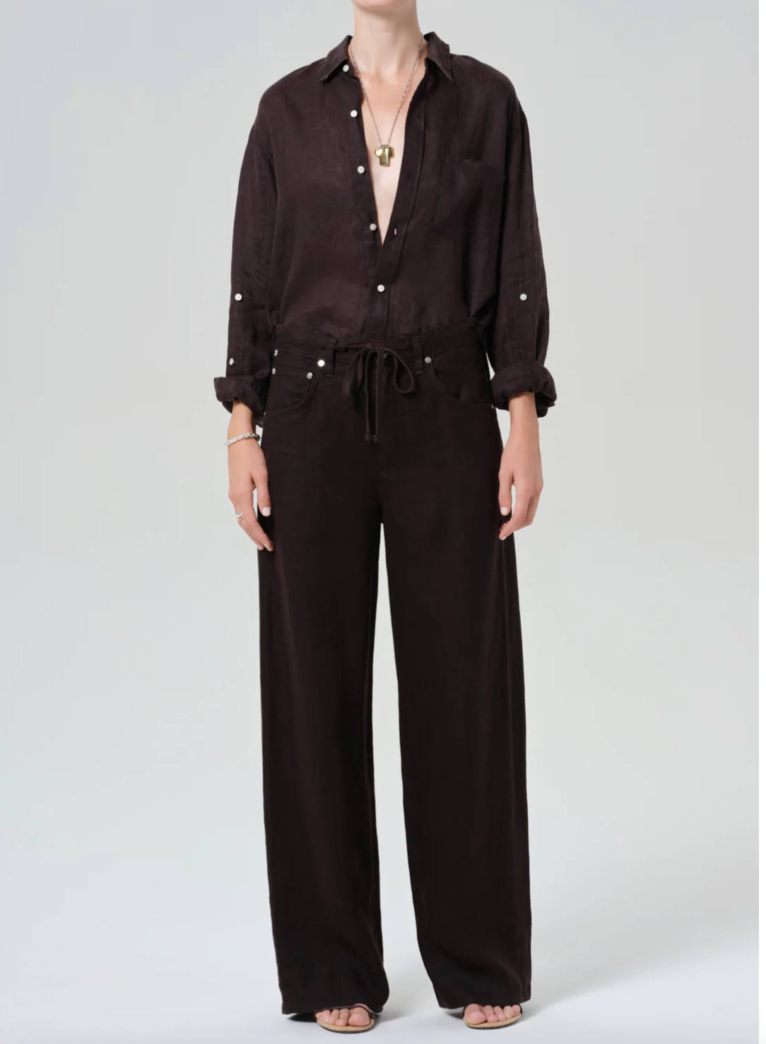 Kayla Shrunken Linen Shirt in Chocolate