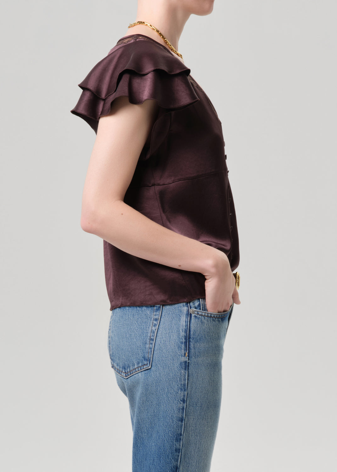 Lola Flutter Lace Sleeve Top in Espresso