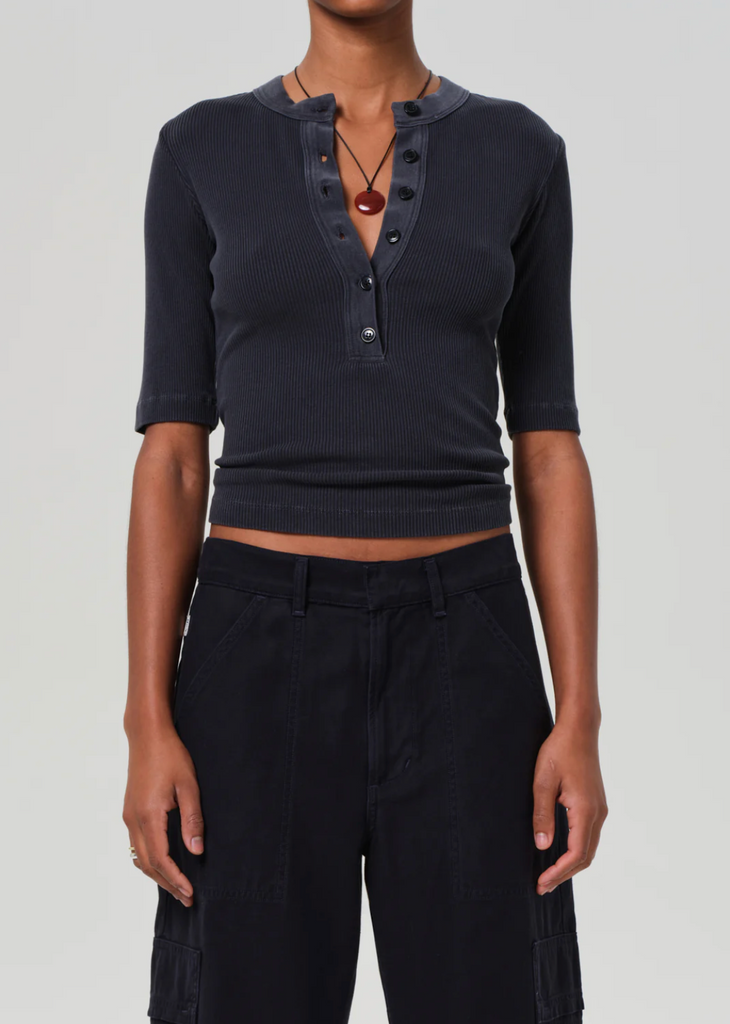 Nali Short Sleeve Henley in Charc