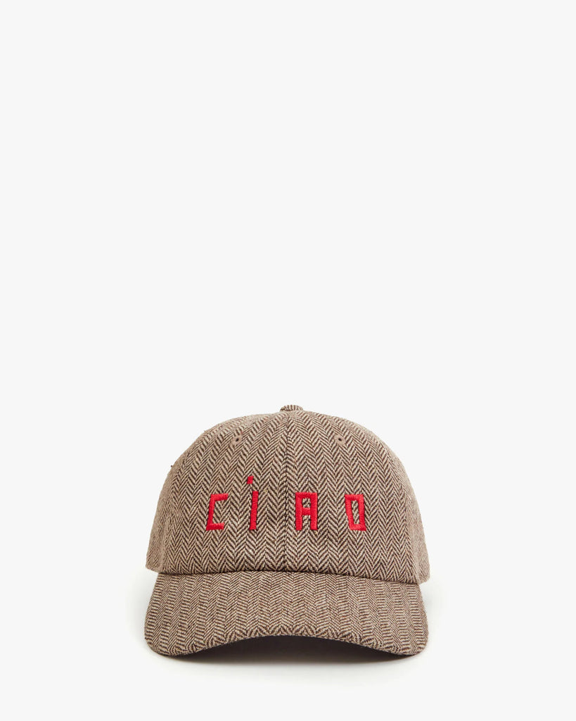 Wool Baseball Hat in Taupe with Super Red Embroidered Ciao