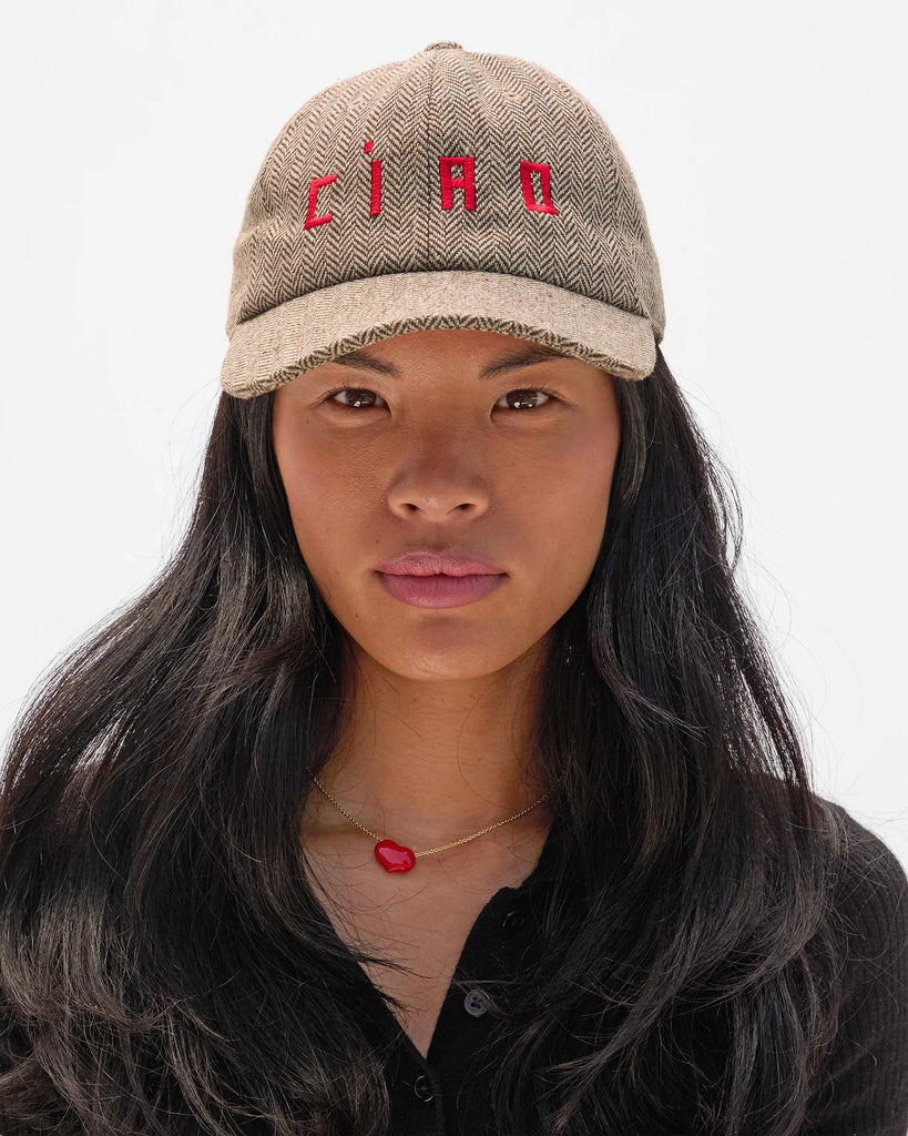Wool Baseball Hat in Taupe with Super Red Embroidered Ciao