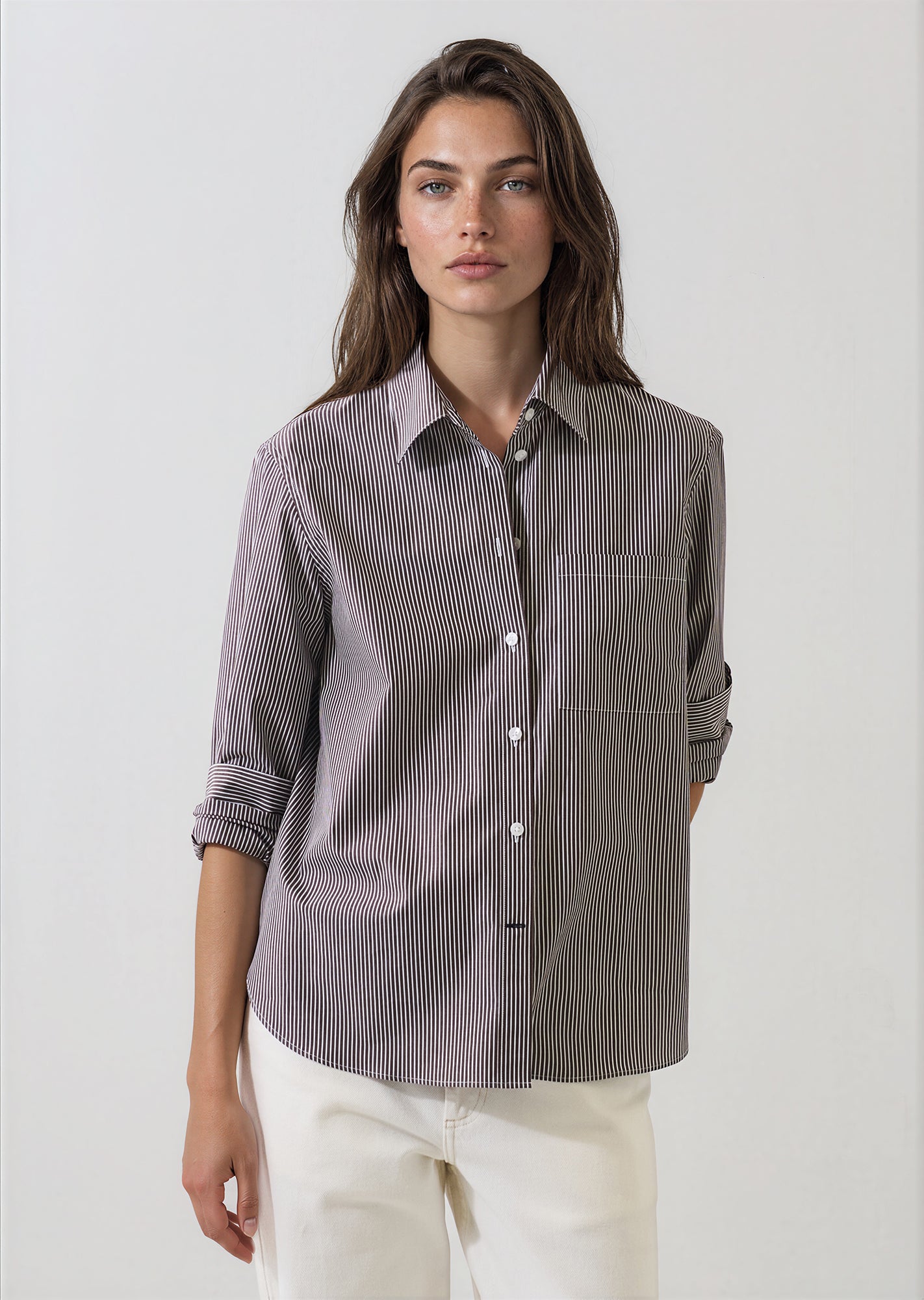 Cotton Stripe Boyfriend Pocket Shirt in Bark