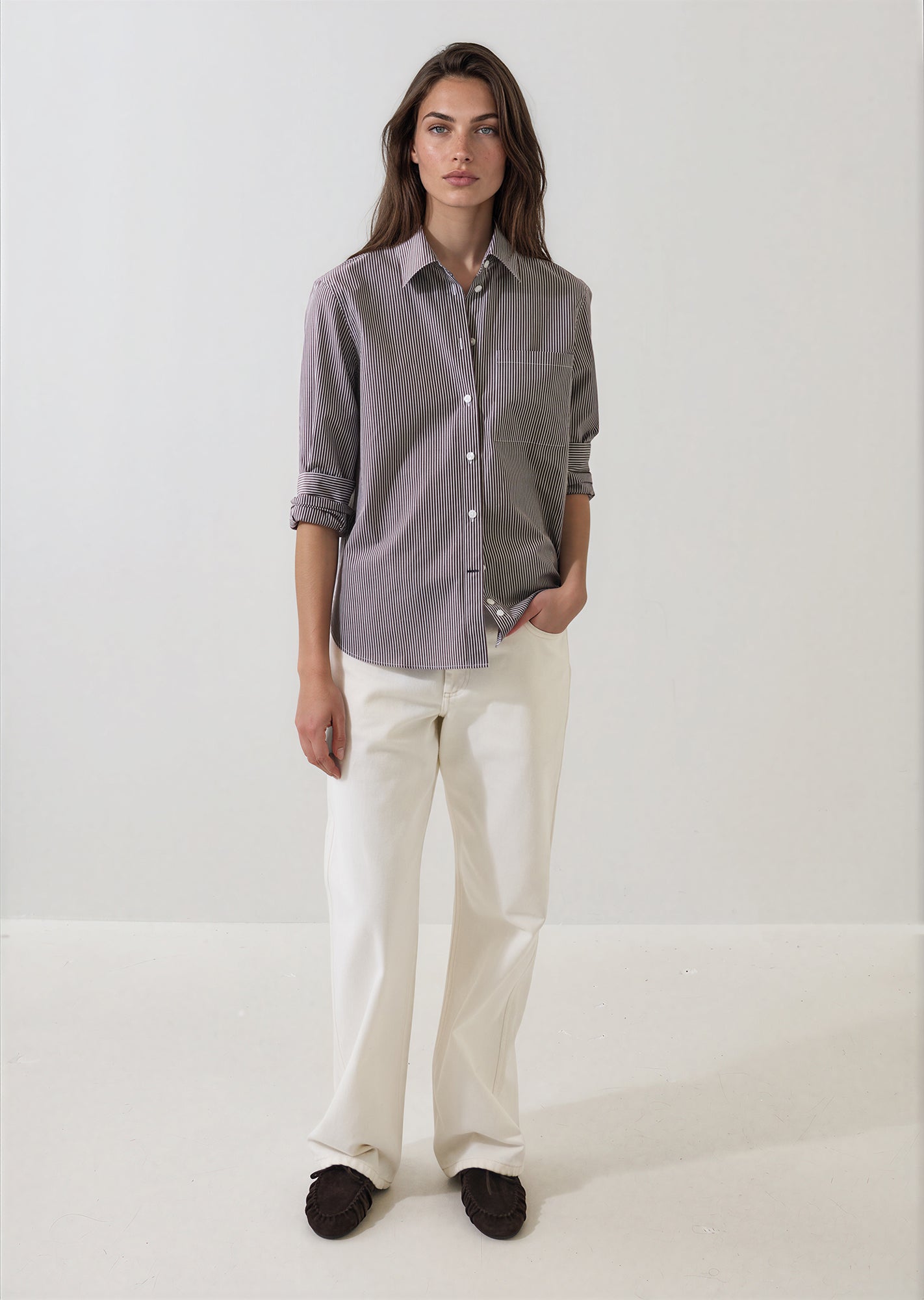 Cotton Stripe Boyfriend Pocket Shirt in Bark