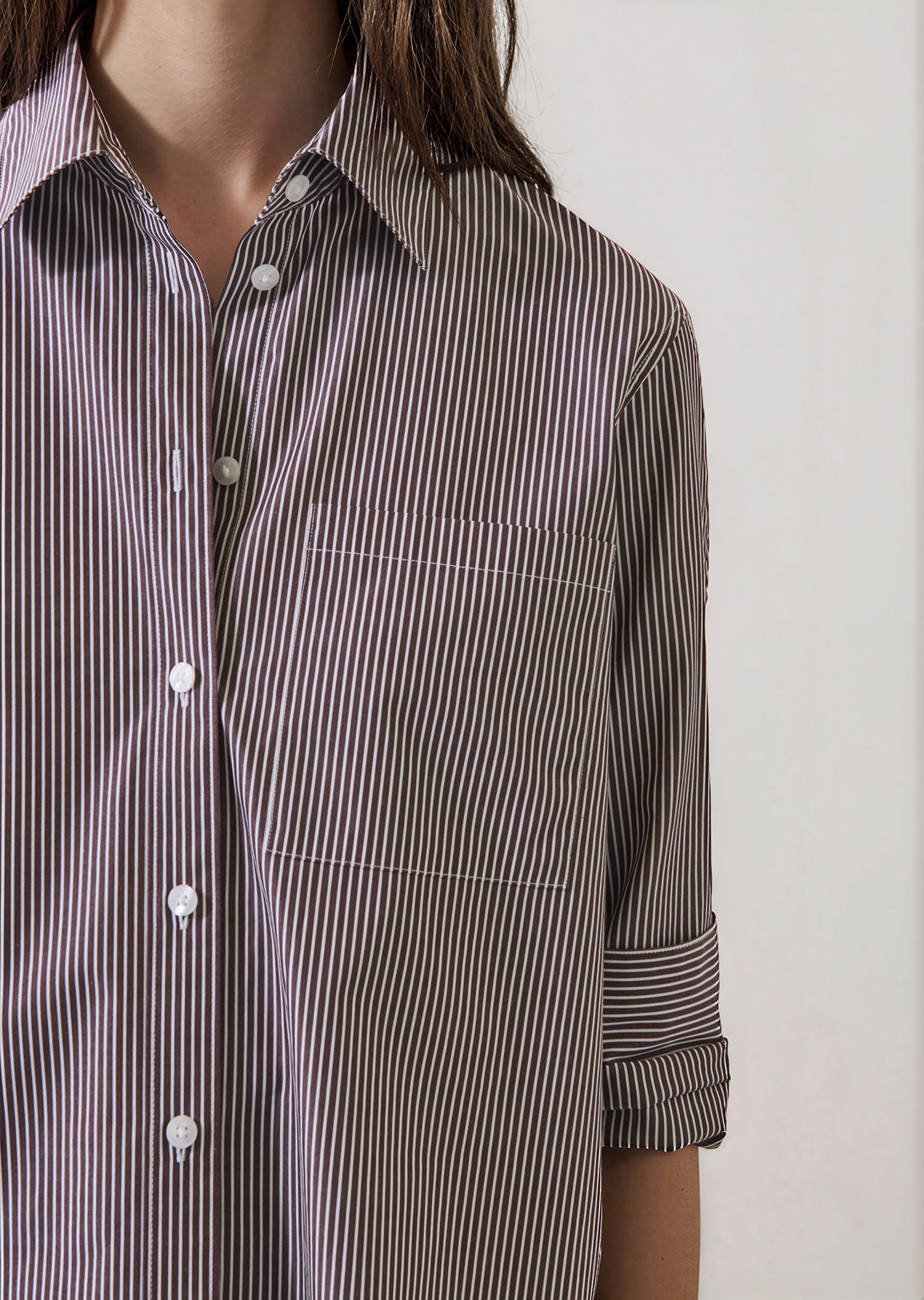 Cotton Stripe Boyfriend Pocket Shirt in Bark