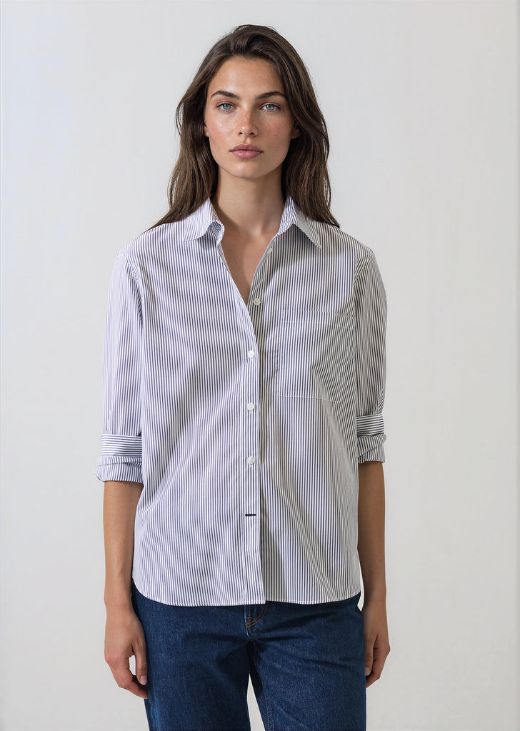 Cotton Stripe Boyfriend Pocket Shirt in French Blue