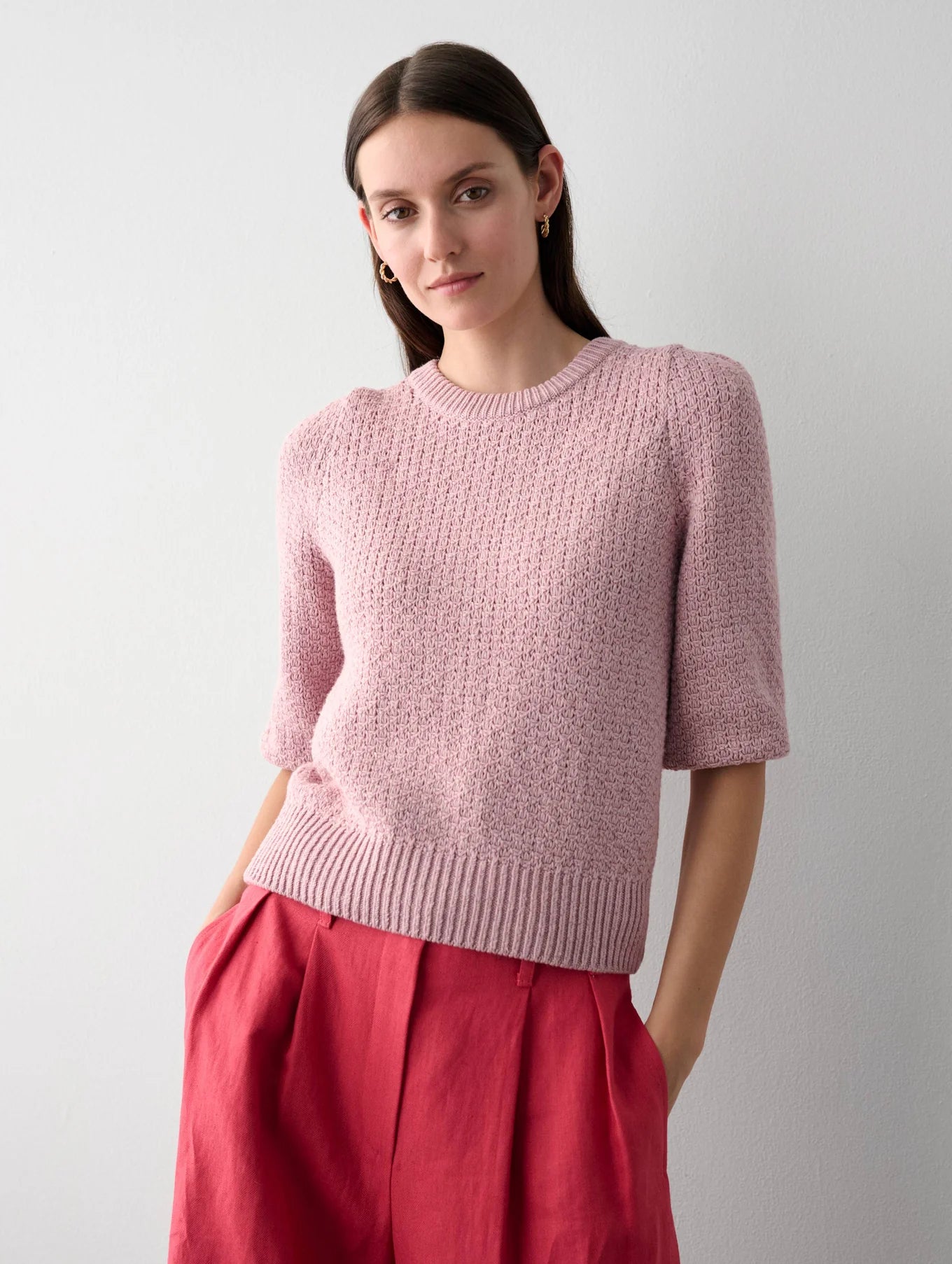 Cotton Textured Puff Sleeve Top in Muted Rose