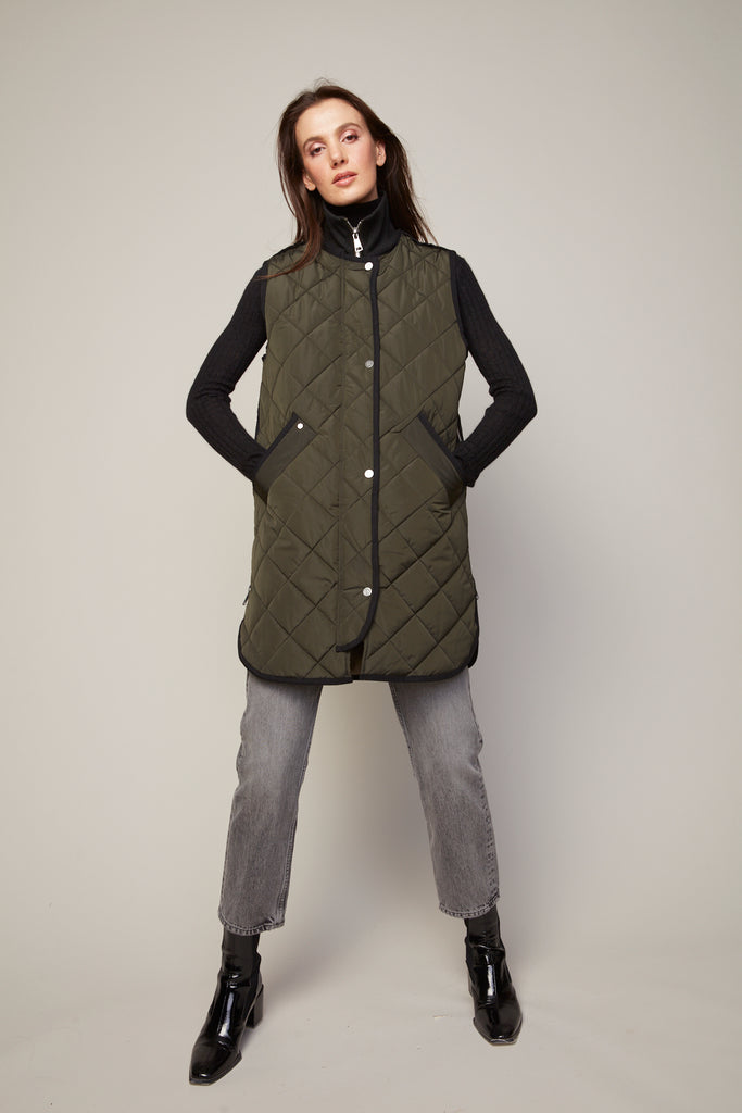 Destiny Quilted Long Vest in Forest Green