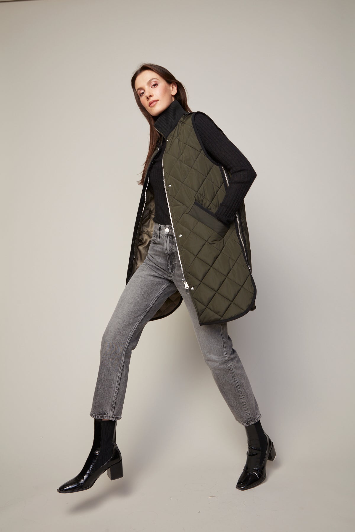 Destiny Quilted Long Vest in Forest Green