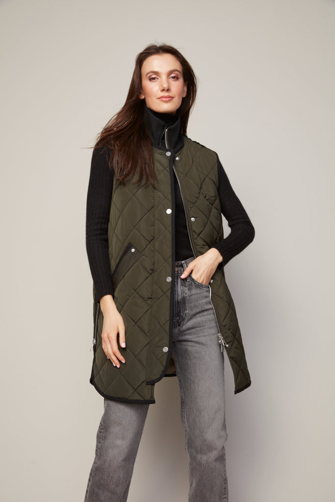 Destiny Quilted Long Vest in Forest Green
