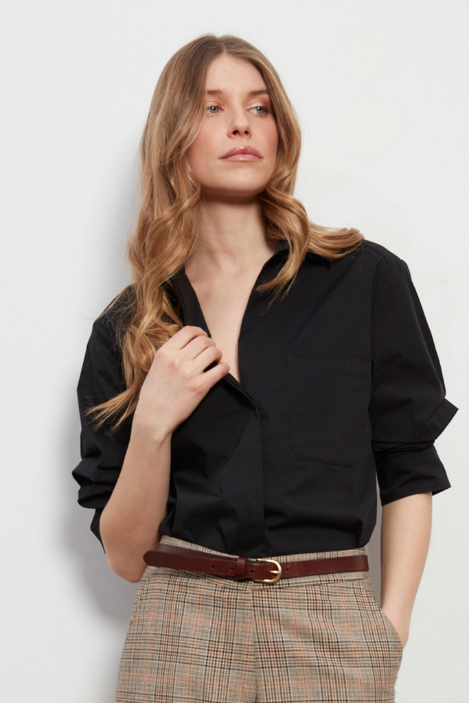 Daria Ruched Sleeve Shirt in Blue Stripe