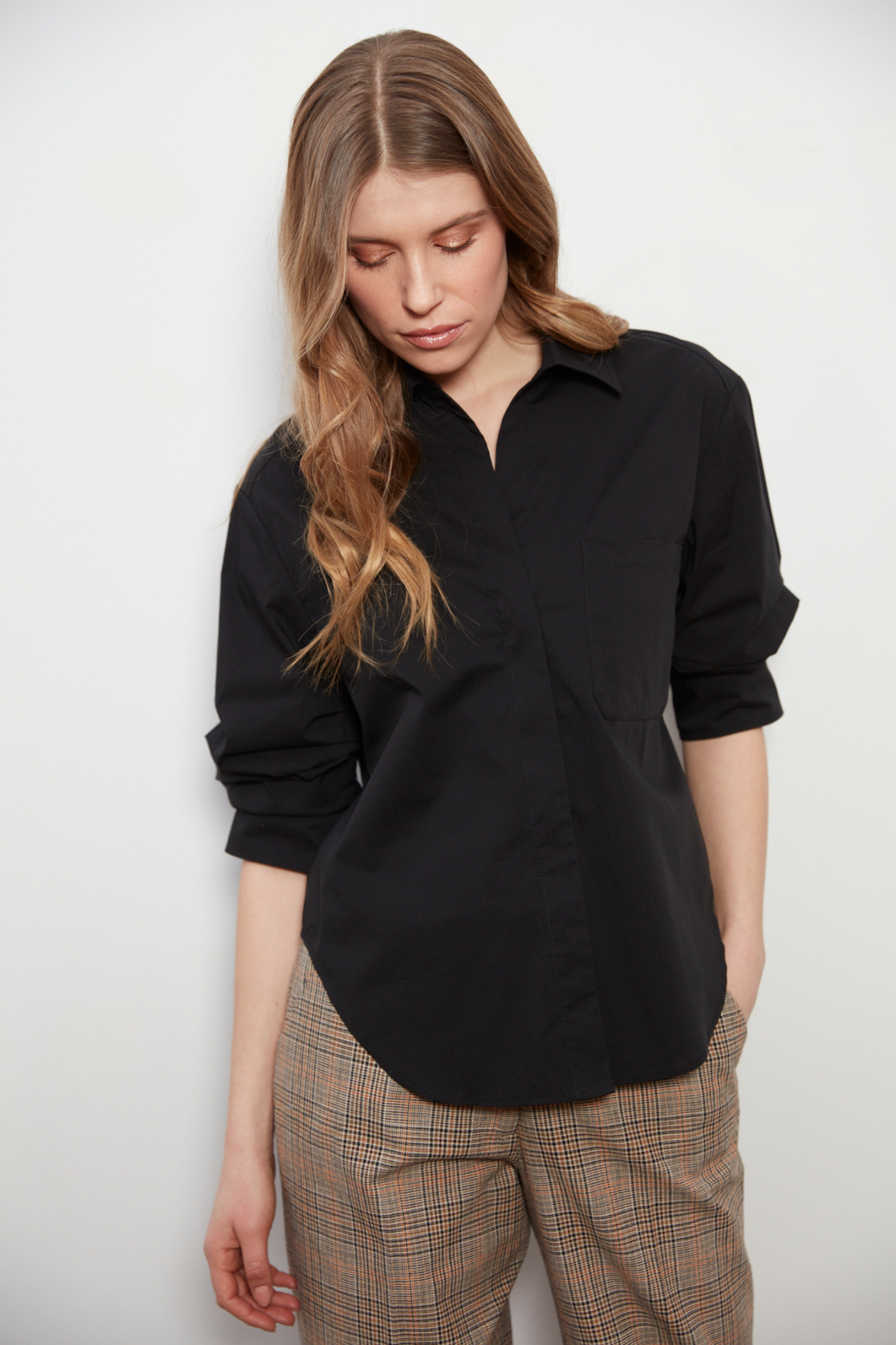 Daria Ruched Sleeve Shirt in Blue Stripe