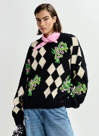 Jactori Jacquard Knit Sweater in Black/Multicolor/Off-White