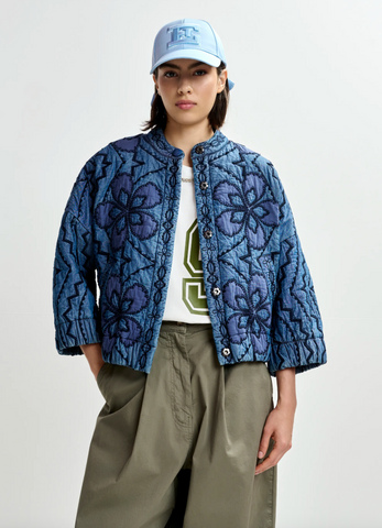 Jatropha Quilted Embroidered Denim Jacket in Blue