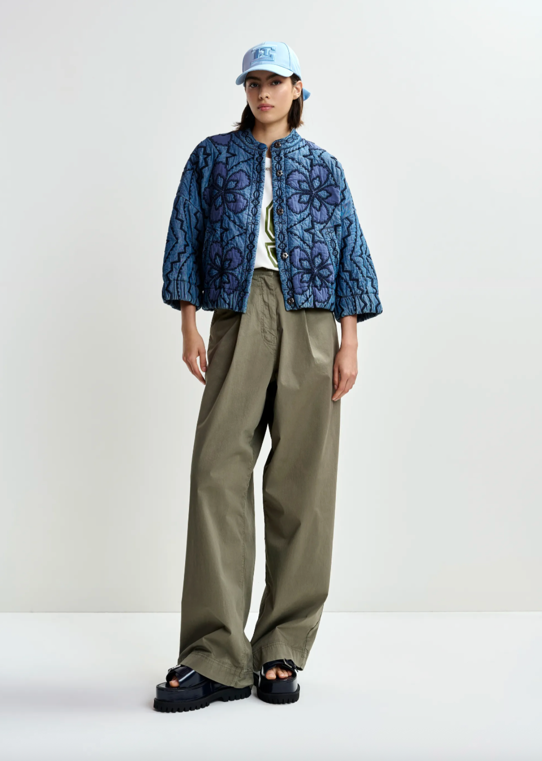 Jatropha Quilted Embroidered Denim Jacket in Blue