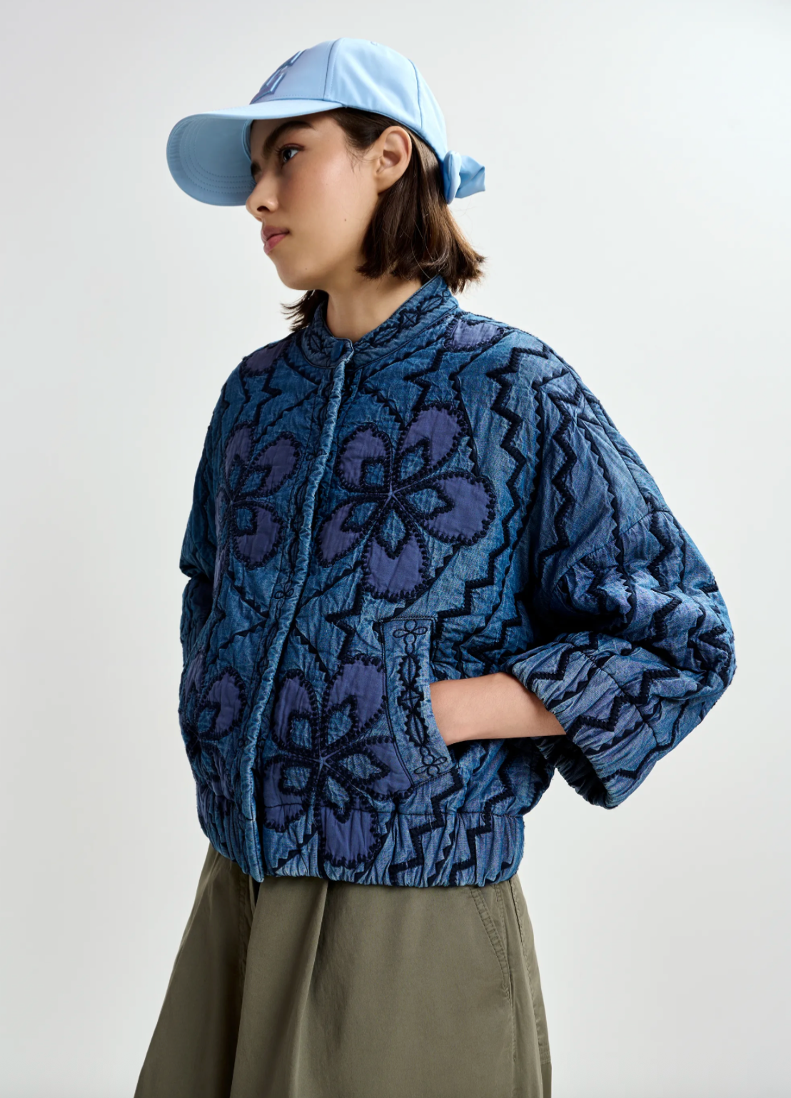 Jatropha Quilted Embroidered Denim Jacket in Blue