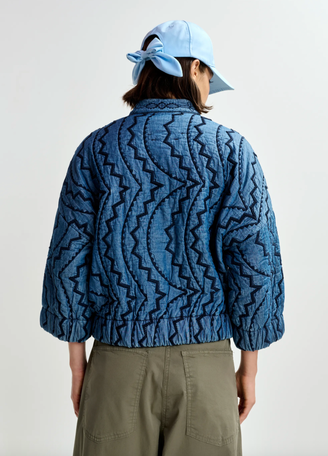 Jatropha Quilted Embroidered Denim Jacket in Blue