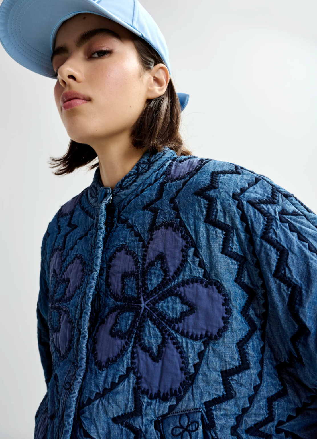 Jatropha Quilted Embroidered Denim Jacket in Blue