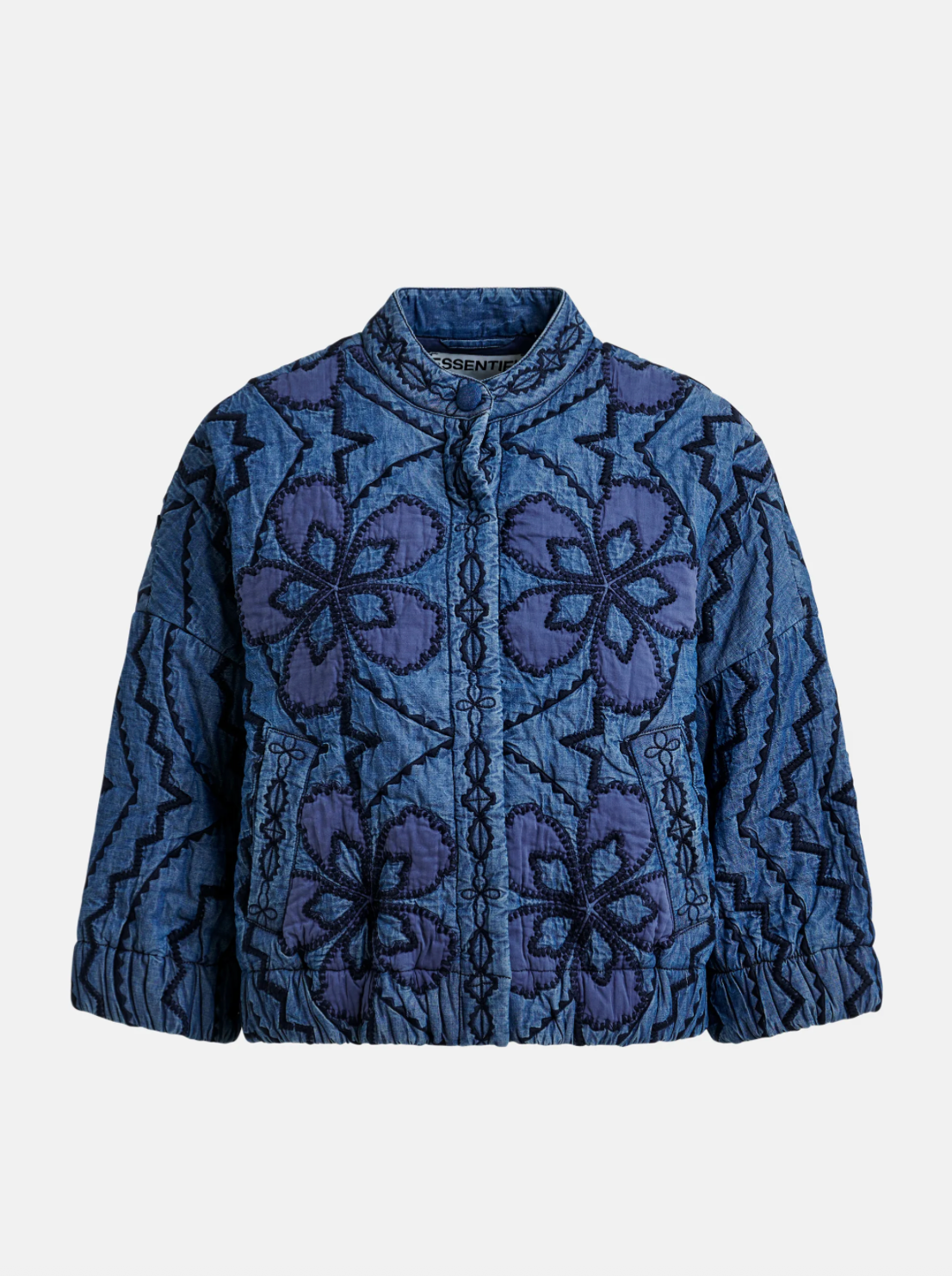 Jatropha Quilted Embroidered Denim Jacket in Blue