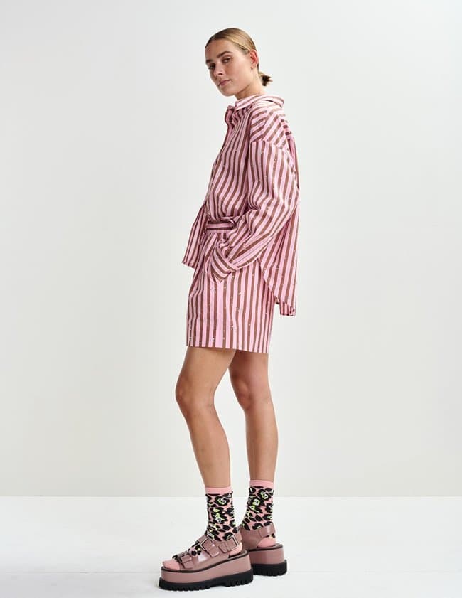 Jeeuw Striped Shorts with Rhinestone Embellishments in Younge Rose