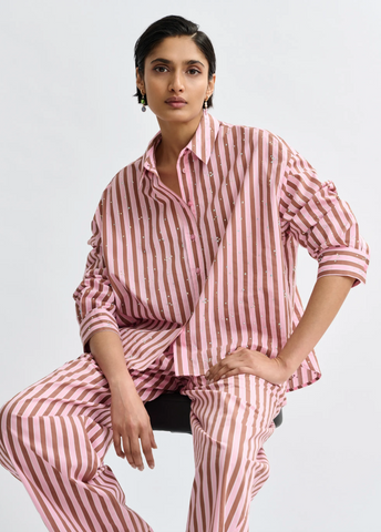Jelief Striped Cotton Shirt with Rhinestone Embellishments in Young Rose