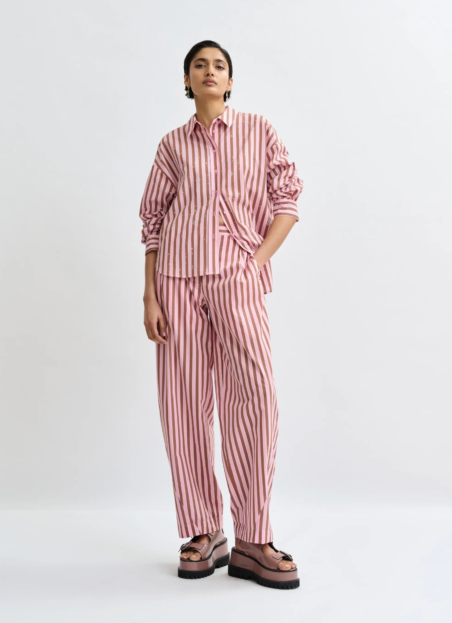 Jelief Striped Cotton Shirt with Rhinestone Embellishments in Young Rose