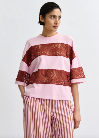 Jemix Cotton Strped Lace Insert T-Shirt in Brown/Light Pink