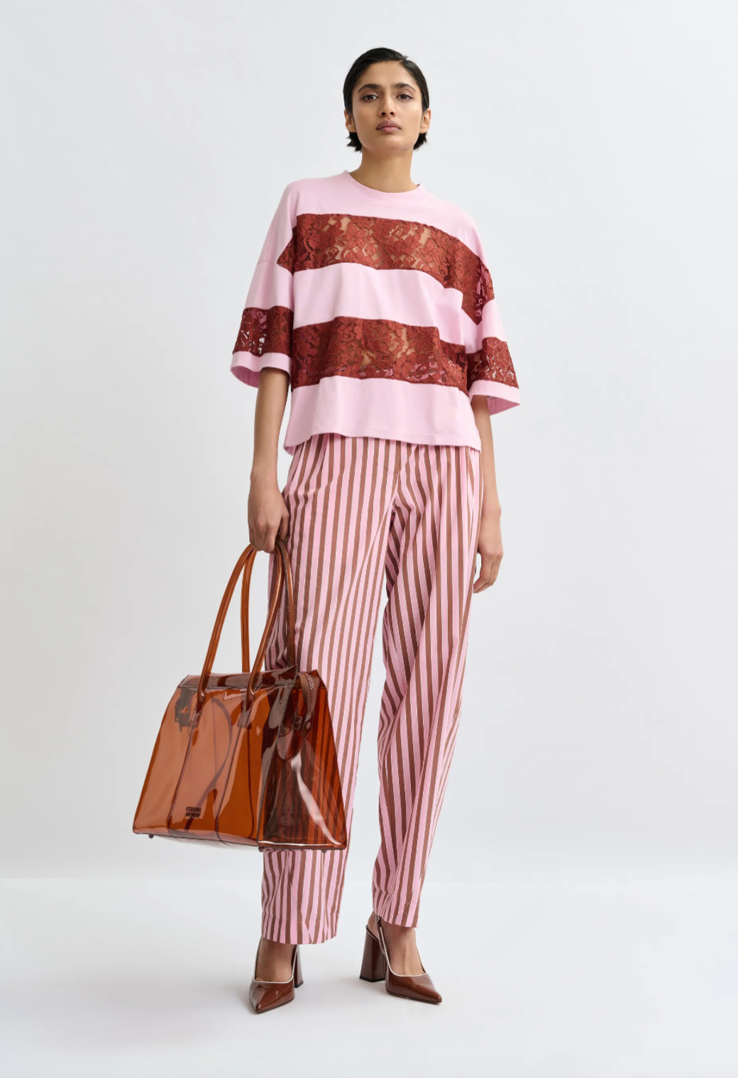 Jemix Cotton Strped Lace Insert T-Shirt in Brown/Light Pink