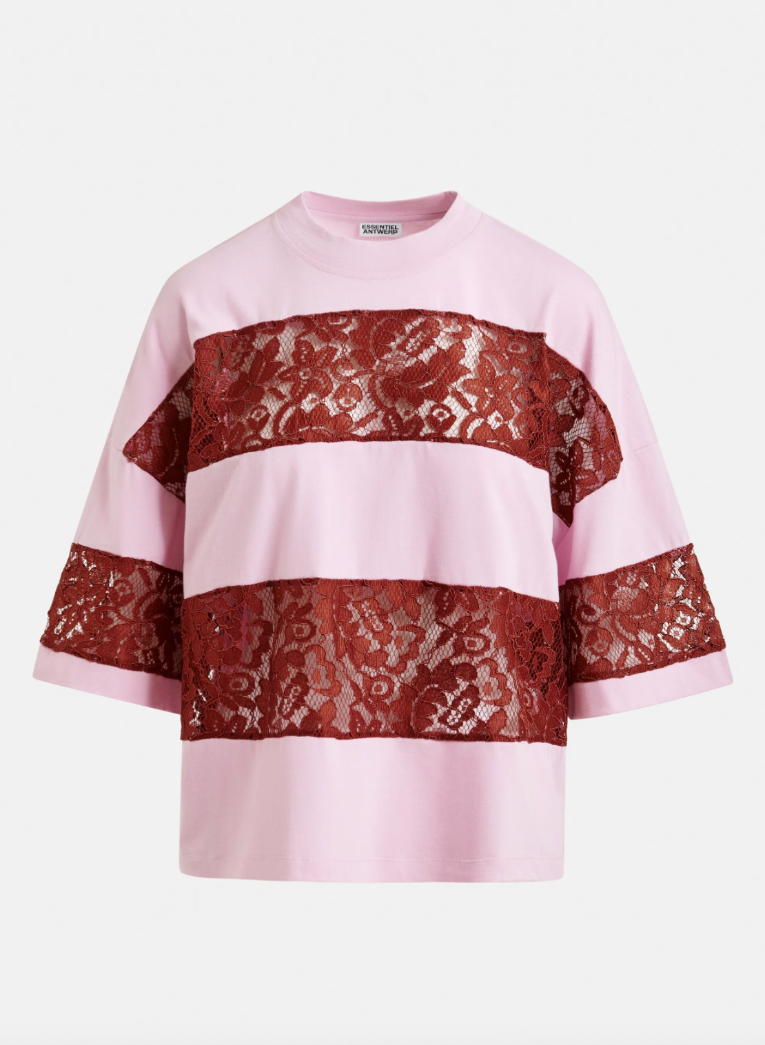 Jemix Cotton Strped Lace Insert T-Shirt in Brown/Light Pink