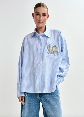 Jommeke Oversized Striped Embellished Cotton Shirt in Dark Blue/Light Blue