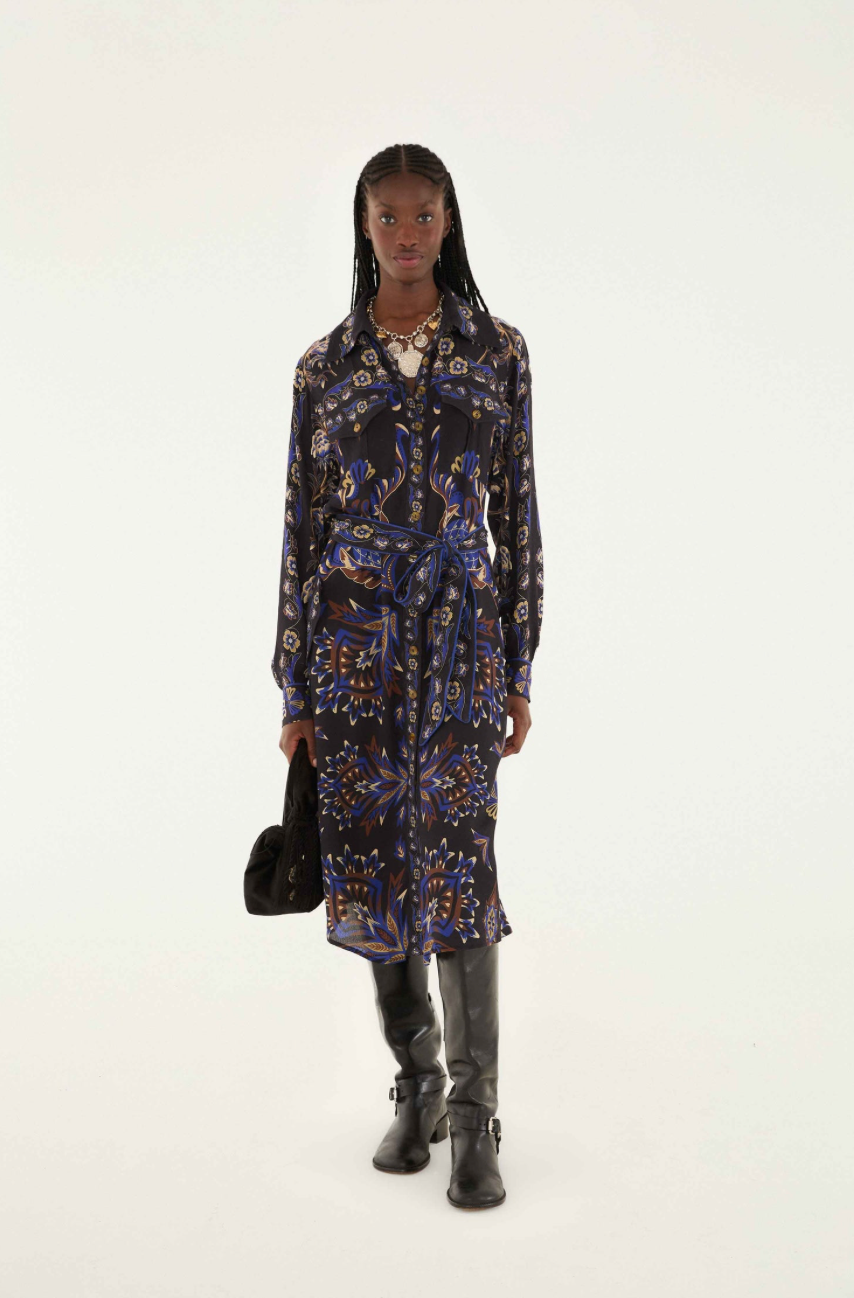 Black Arabesque Mix Scarves Midi Dress