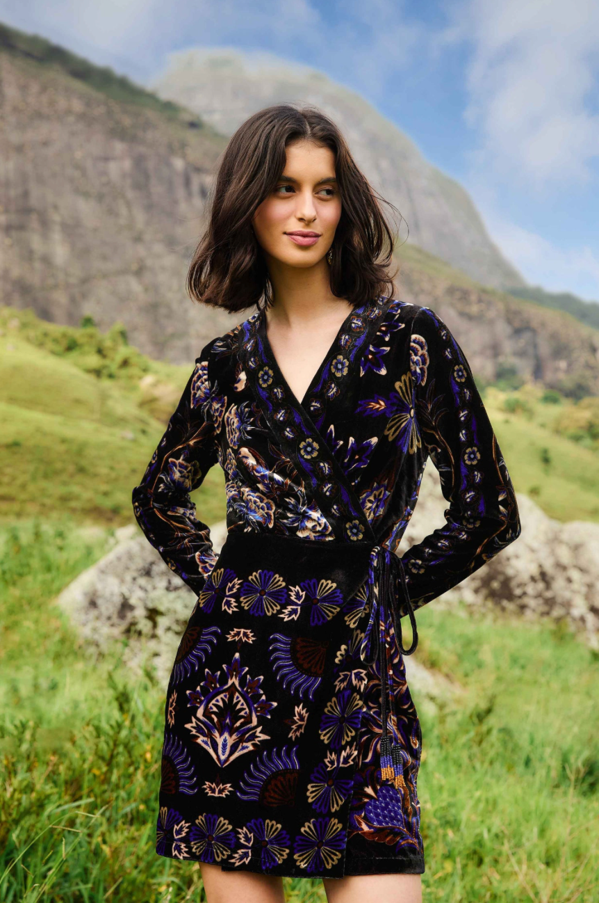 Black Arabesque Mix Scarves Wrap Mini Dress